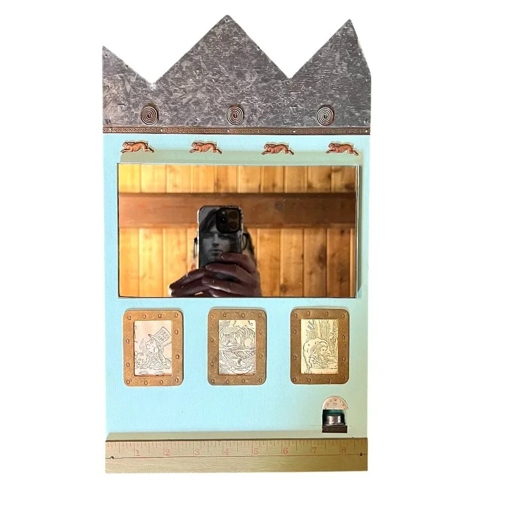Vintage Handmade Sage Green Alice in Wonderland Themed Mirror on Wood w/Trinkets